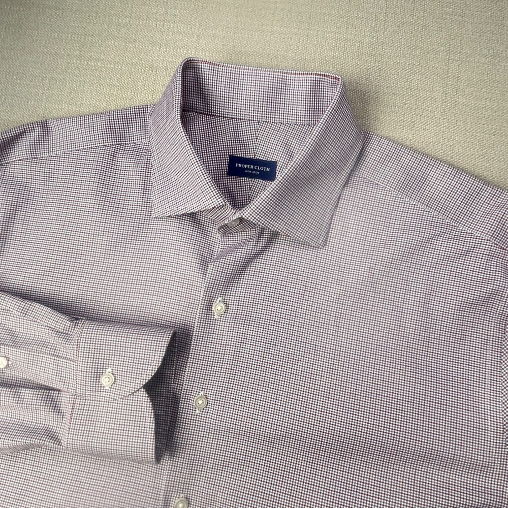 Proper Cloth Dress Shirt Mens 17/36 Burgundy Blue Gingham Non-Iron Stretch